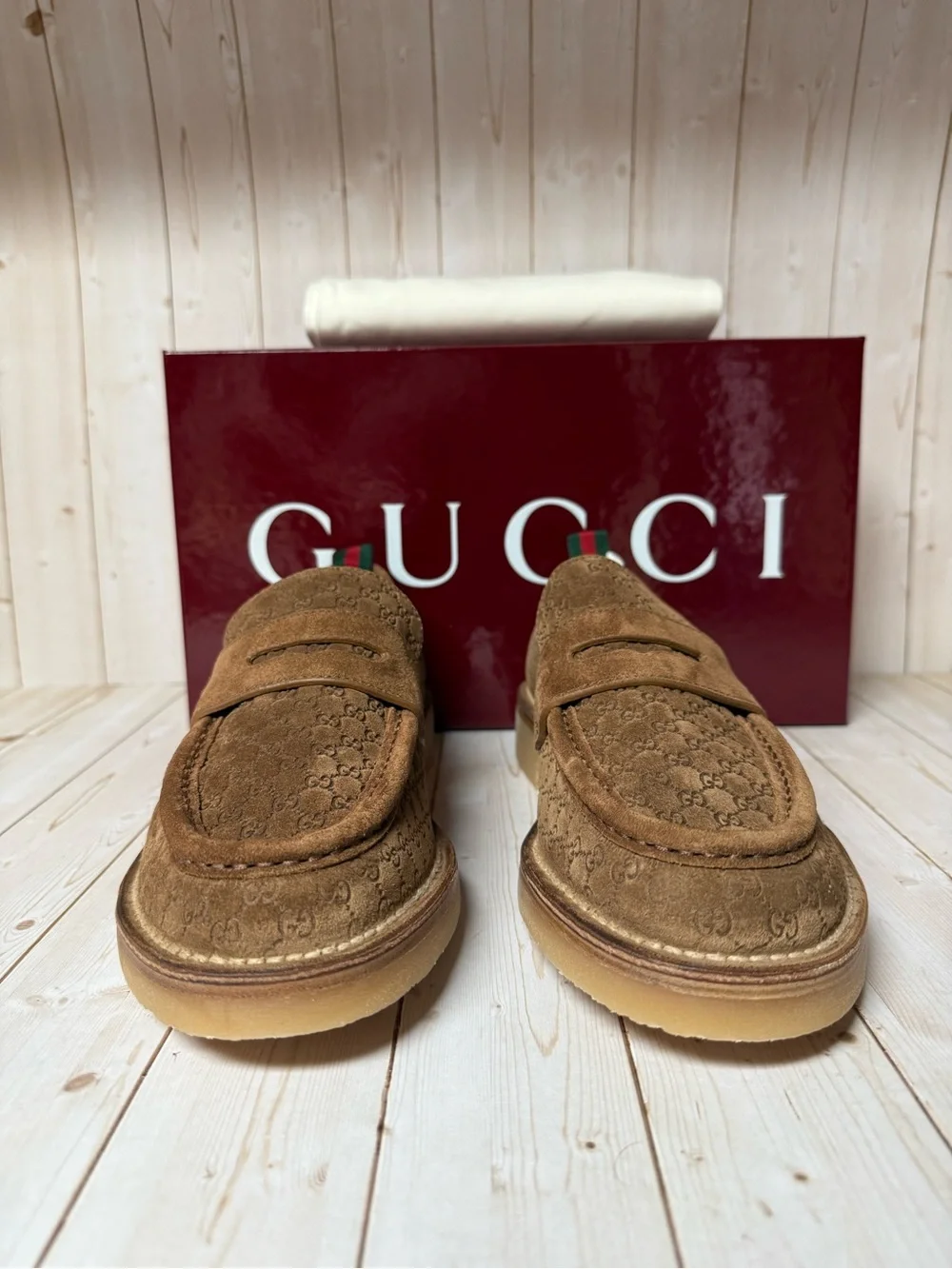 Gucci Luxury Suede Microguccissima Loafers Nocciola Brown Sz 8.5G / 9US